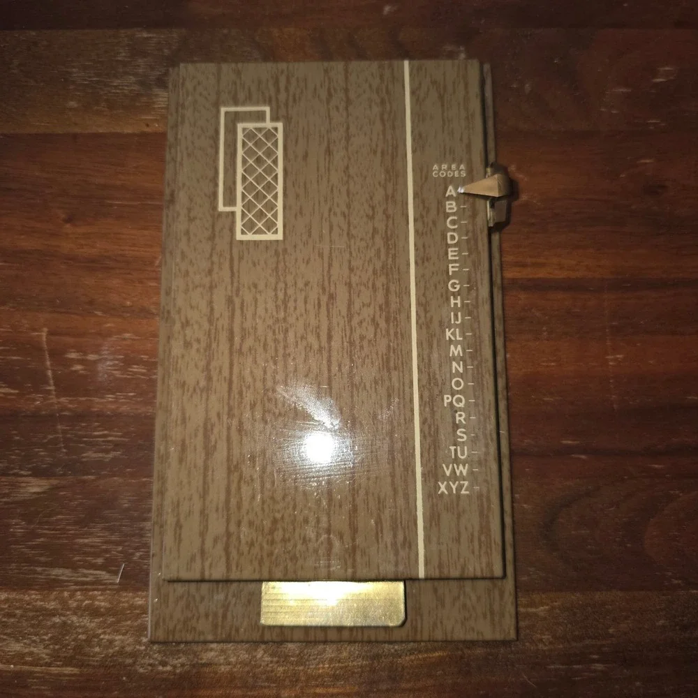 Vintage Mid Century Modern Pop Up Telephone Address Book Wood Grain Desk Index